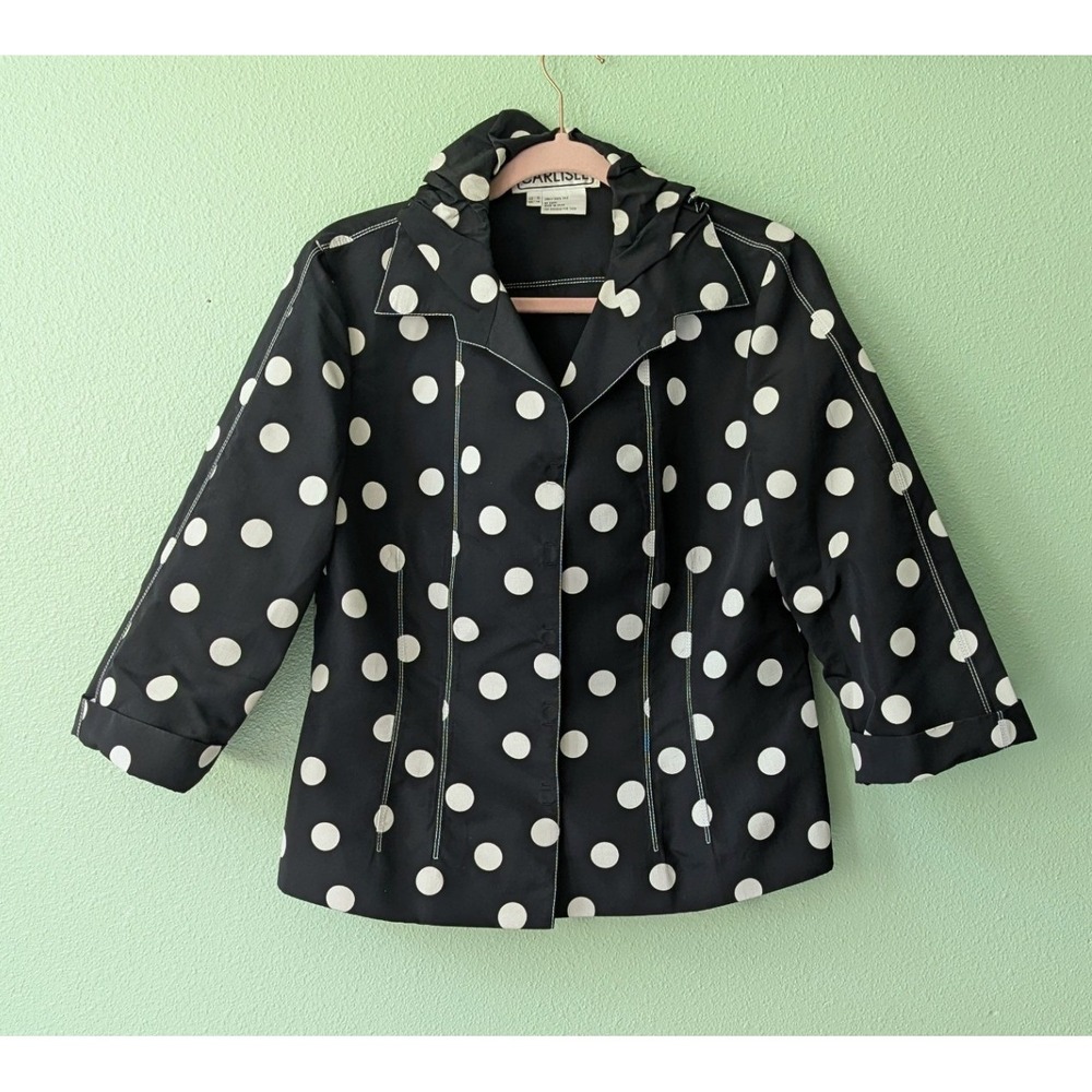 Vintage 90s Carlisle 100%‎ Silk Polka Dot Jacket Black White Ruffle Collar